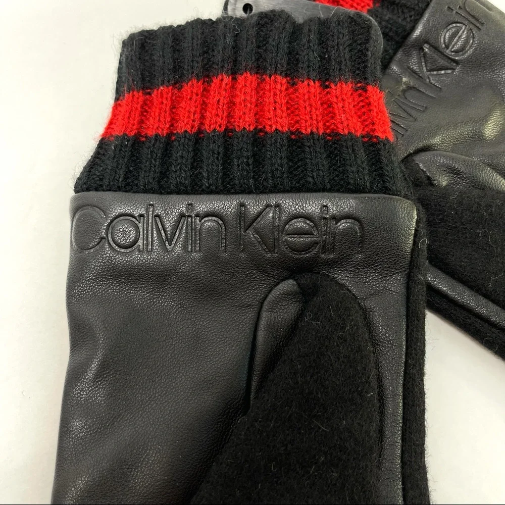 CALVIN KLEIN Leather & Wool Blend Gloves Striped Cuff NEW Black Red